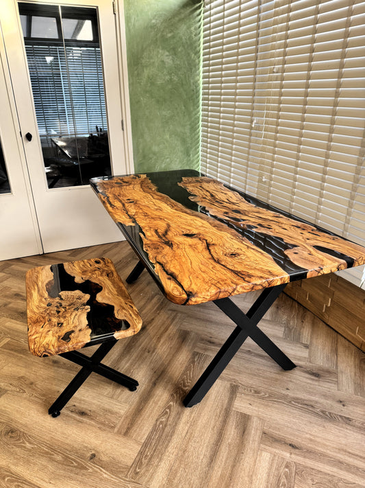 Epoxy eetkamertafel set olijfhout 195x90cm